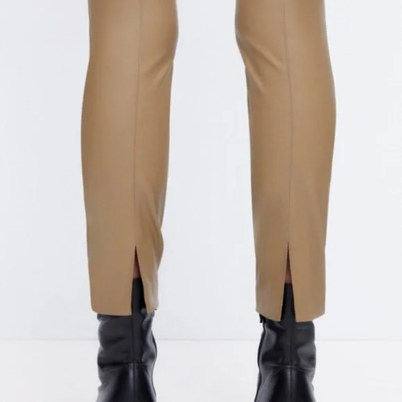 Zara Tan Faux Leather Split Hem Pants Side Zip High Rise Vegan Leather XS NWT - Picture 7 of 7